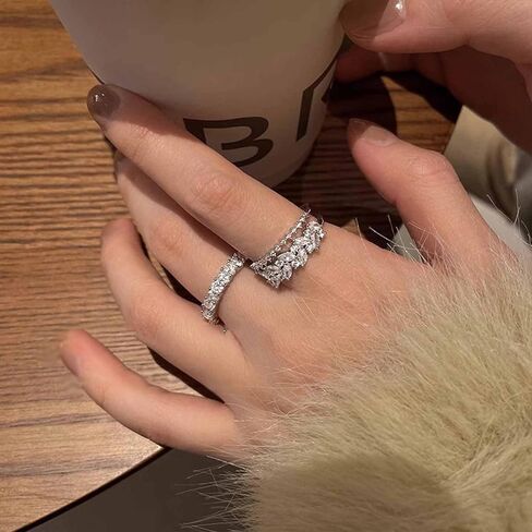 Boho Crystal Ring for Women Paved Cz Knuckle Ring Crystal Stacking Ring Silver Layered rhinestone Finger Ring Open Ring Dainty Adjustable Ring Jewelry for Girls Gifts (Style:A) in Kuwait