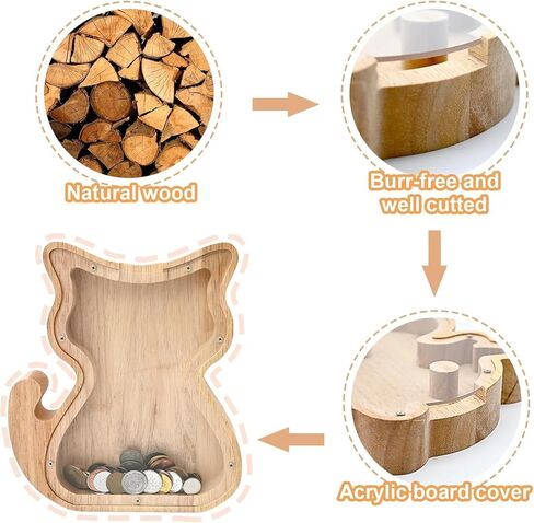 بنك أصبع خشبي للأطفال، بنك نقود شخصي يحمل اسم DIY للأولاد والبنات، صندوق توفير أموال غير قابل للكسر، بنك أموال لطيف لديكور غرفة الأطفال (CAT) in Kuwait