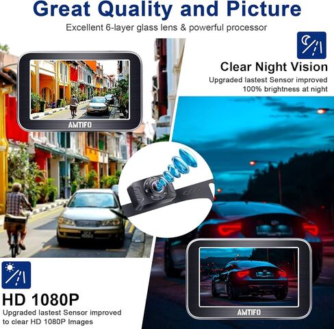 كاميرا احتياطية لاسلكية AMTIFO HD 1080P 5 بوصة شاشة منقسمة شاشة رقمية ثابتة إشارة سيارة شاحنة RV بلوتوث لوحة ترخيص نظام كاميرا الرؤية الخلفية 2 قنوات رؤية ليلية واضحة W3 in Kuwait
