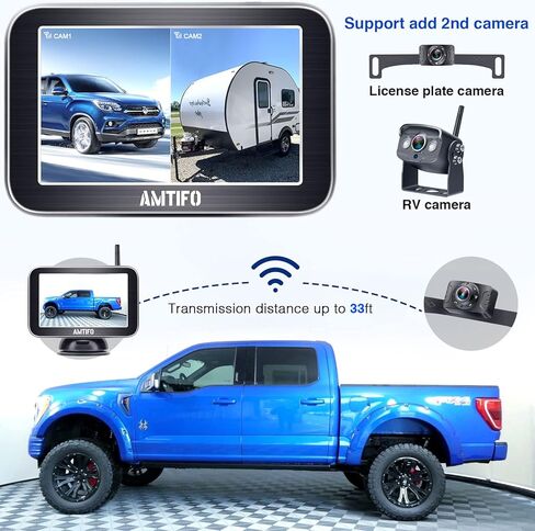 كاميرا احتياطية لاسلكية AMTIFO HD 1080P 5 بوصة شاشة منقسمة شاشة رقمية ثابتة إشارة سيارة شاحنة RV بلوتوث لوحة ترخيص نظام كاميرا الرؤية الخلفية 2 قنوات رؤية ليلية واضحة W3 in Kuwait