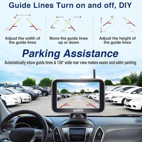 كاميرا احتياطية لاسلكية AMTIFO HD 1080P 5 بوصة شاشة منقسمة شاشة رقمية ثابتة إشارة سيارة شاحنة RV بلوتوث لوحة ترخيص نظام كاميرا الرؤية الخلفية 2 قنوات رؤية ليلية واضحة W3 in Kuwait