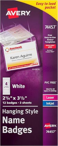 شارات أسماء معلقة ذات تحميل علوي من Avery، مقاس 2-1/4 بوصة × 3-1/2 بوصة، صندوق مكون من 12 قطعة (74457) in Saudi Arabia