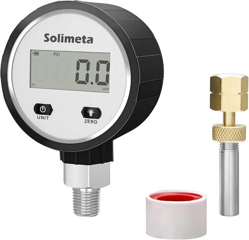 مقياس الضغط الرقمي Solimeta، مقاس قرص 2-1/2 بوصة، حامل سفلي 1/4 بوصة NPT، 0-100 رطل لكل بوصة مربعة، مع قابس اختبار نحاسي أنثى 1/4 بوصة NPT in Kuwait