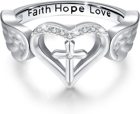 الإيمان الصليب الدائري للنساء 925 فضة الإيمان الأمل الحب الدائري المسيحية خاتم الدينية مجوهرات هدية للفتيات المراهقات حجم 7-9 in Kuwait