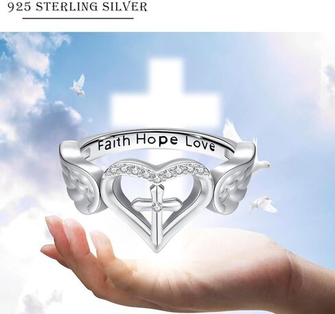 الإيمان الصليب الدائري للنساء 925 فضة الإيمان الأمل الحب الدائري المسيحية خاتم الدينية مجوهرات هدية للفتيات المراهقات حجم 7-9 in Kuwait