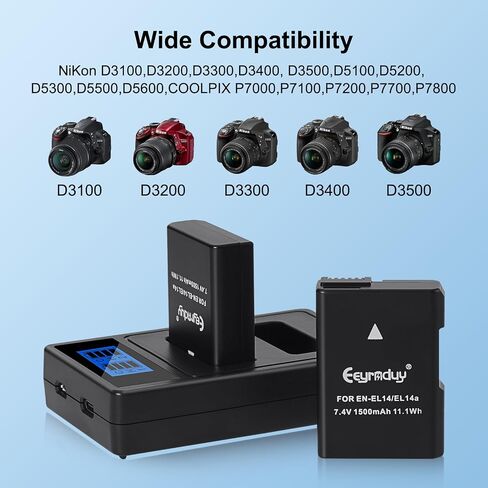 EN-EL14 / EN-EL14a 2-حزمة بطاريات وشاحن لنيكون D5100 D5200 D5300 D5500 D5600 D3100 D3200 D3300 D3400 D3500 DF Coolpix P7000 P7100 P7700 P7800 كاميرات in Saudi Arabia