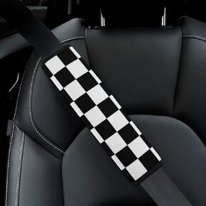 2 Pack Car Seat Belt Pad Cover Black White Race Checkered Flag Pattern for Adults Kids, Universal Soft Safety Belt Shoulder Strap Cushion Protector for Backpack Bag Straps Cover