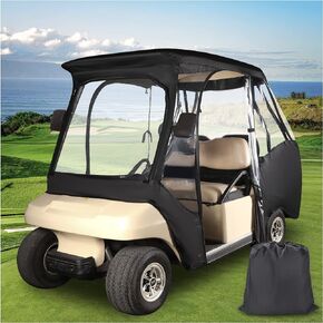 10L0L 4 Passenger Golf Cart Enclosure, Storage Cover (Short Roof 56" with Bench) for Club Car DS, Windproof Waterproof Portable 4-Sided Clear Window & Roll-up Zipper Door (Black/Transparent)