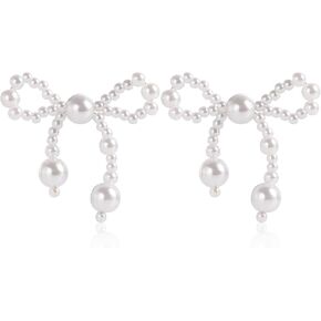 Pearl Bow Earrings Gold Bow Pearl Earring Dainty Colorful Crystal Bow Knot Tassel Dangle Earrings Bow Ribbon Stud Earrings Bow Prom Jewelry Gift for Women Teen Girls
