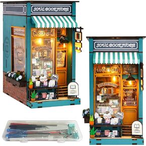 Book Nook DIY Kit for Teens and Adults, Miniature Booknook Dollhouse with LED, 3D Wooden Bookshelf Decor, Handmade Dioramas Bookend Craft Gifts for Birthday, Graduation, Halloween (Soul Bookstore)