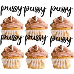 18pcs Black Glitter My Pussy Dessert Cupcake Topper Pet Cat Theme Decor Supplies Baby Shower Boys Girls Happy Birthday Party Decorations