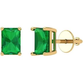 1.0 ct Brilliant Emerald Cut Solitaire Simulated Emerald Pair of Stud Everyday Earrings Solid 18K Yellow Gold Screw Back