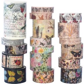 Butterfly Washi Tape Set 18 Rolls Vintage Gold Foil Masking Wide Retro Decorative Tapes for Arts, DIY Crafts, Journals, Planners, Scrapbook, Wrapping