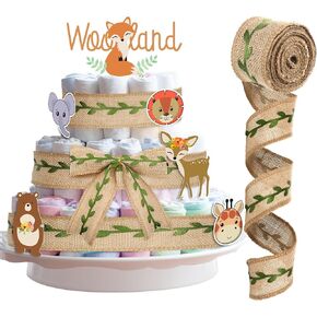 Hotop 9.85ft Diaper Cake Ribbon Burlap Green Leaf Ribbon Jungle Animal Theme Ribbon for Baby Shower Party Diaper Cake Wrapping Jungle Party Decorations