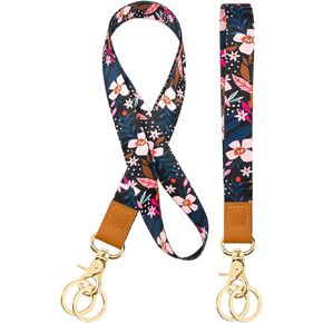 Wrist and Neck Lanyards for ID Badge Keys for Women Kids Teacher 2 Pack，Cute Car Key Neck Lanyards with 4 Keychain Multicolor Flower Pink