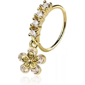 Pierced Owl 20GA 316L Stainless Steel CZ Crystal Lined Hoop with Dangling Daisy Flower Bendable Nose Ring