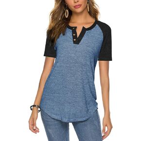 HOCOSIT Women's Raglan Round Neck Summer Tops Ladies Basic Button Henley Shirt Boyfriend Style Blouse