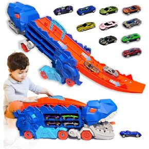 Dinosaur Transport Truck for 3 4 5 6 Years Old Boys,Carrier Truck with Foldable Sliding 25 Inchs Race Track and 12 Die-cast Cars,Transforms Into Standing T-rex,Ideal Gift for Boys and Girls