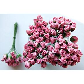 Pink 100 Tiny Rose Bud Mulberry Paper Flower Artificial Craft Scrapbook Wedding Supply Accessory DIY, White Puple Two Tones Color, Size 0.5 cm.