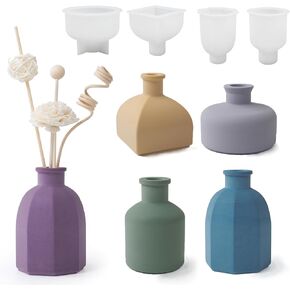 4 Set Fragrance Diffuser Bottle Vases Resin Mold 4 Styles Epoxy Silicone Casting Molds Plaster Mold Concrete Clay for Aromatherapy Arrange Flowers Vase, 3D DIY Decor Crafts