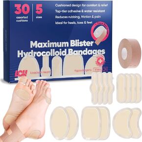 (30 CT) Blister Bandages for Feet, Runners, Heels & Active Movement - Water Resistant Hydrocolloid Blister, Adhesive Blister Pads, Blister Prevention for Fingers, Toes, Forefoot