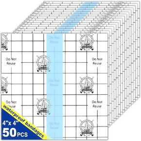 AZEN 50 Pieces Waterproof Bandages, Transparent Film Dressing, Clear Bandages Waterproof Adhesive Bandage, Second Skin Tattoo Cover Up Tape (4 X 4 Inch)