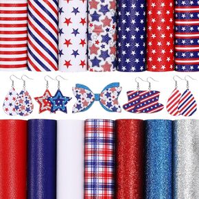 Whaline 14Pcs 4th of July Faux Leather Sheet Stars and Stripes Synthetic Leather Glitter Sequins Fabric Crafts for Patriotic Independence Day Earring Craft Bag Hair Bow DIY Gift Making, 8.3 x 6.3in in Saudi Arabia