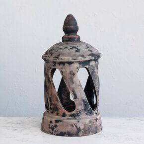 Creative Co-Op Round Terra-Cotta Lantern with Patina Finish, Multicolor