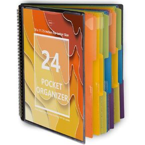 Binditek 1 Pack 24 Pocket Poly Project Organizer with 12 Dividers, Heavyduty Folder with Customizable Front Cover, Metal Wire Binding Spine, Extra Zipper Pouch, Letter Size, Office Supplies