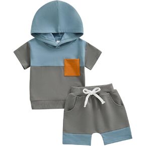 Toddler Baby Boy Summer Outfit Short Sleeve Color Block Hoodie Top Jogger Shorts Set 2Pcs Infant Casual Clothes