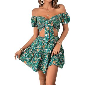 MakeMeChic Women's Boho Floral Print 2 Piece Outfits Off Shoulder Crop Top Ruffle Layer Mini Skirt Set