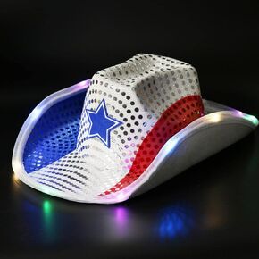 GiftExpress Red White Blue Sequin Led Light Up Patriotic Cowboy Hat Flashing LED Cowboy Hat for Dress-Up Costume, Rodeo Party Hat, Western Theme Party, 4Th of July Hat
