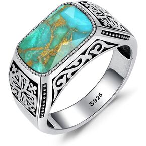 Teal Turquoise|Black Onyx Rings for Men 925 Sterling Silver Rings for Men, Men Turquoise Rings Bezel Setting Cross|Celtic Dragon|Greek Key Fashione Ring Jewelry Gift for Father Size 8-12