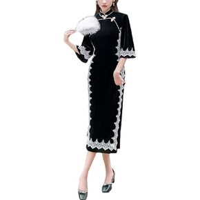 Vintage Cheongsam Costume Traditional Mandarin Collar Side Slit Slim Fit Chinese New Year Party Maxi Midi Dress