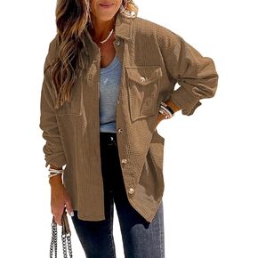 Beyove سروال قصير للنساء بأزرار للأسفل، قميص قصير بأكمام طويلة، رقبة على شكل V، كبير الحجم، بياقة، جيوب، خشب بني S in Kuwait