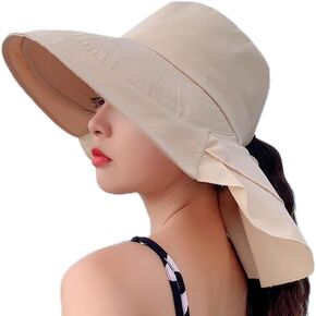 ANOTHER CHOICE Women's Sun Hat UV Protection Wide Brim Ponytail Adjustable Beach Visor Fishing Hat with Neck Flap