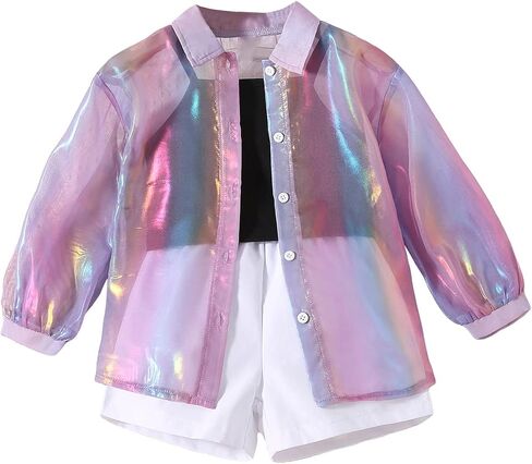 OYOANGLE Girl's 3 Piece Cami Crop Top and Shorts with Mesh Button Down Long Sleeve Shirt Set in Saudi Arabia