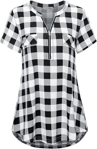 قميص نسائي كاجوال بسحاب ورقبة على شكل حرف V وأكمام قصيرة in Kuwait