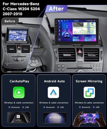 ستيريو سيارة أندرويد 8-Core 4G+64G لسيارة Mercedes Benz C-Class 2007-2010 مع Apple CarPlay Android Auto، Podofo 9 بوصة تعمل باللمس وراديو بلوتوث مع GPS WiFi HiFi DSP كاميرا احتياطية للصوت in Kuwait