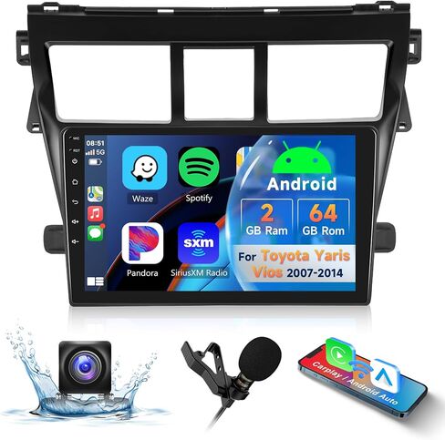 2G 64G ستيريو سيارة أندرويد لتويوتا ياريس فيوس 2007-2014، راديو السيارة اللاسلكي CarPlay Android Auto، 9 بوصة تعمل باللمس وحدة الرأس واي فاي نظام تحديد المواقع والملاحة FM / RDS مرحبا فاي بلوتوث سيارة الصوت الاحتياطية الكاميرا in Saudi Arabia