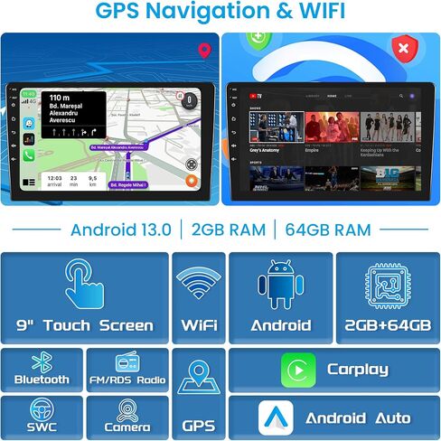 2G 64G ستيريو سيارة أندرويد لتويوتا ياريس فيوس 2007-2014، راديو السيارة اللاسلكي CarPlay Android Auto، 9 بوصة تعمل باللمس وحدة الرأس واي فاي نظام تحديد المواقع والملاحة FM / RDS مرحبا فاي بلوتوث سيارة الصوت الاحتياطية الكاميرا in Saudi Arabia