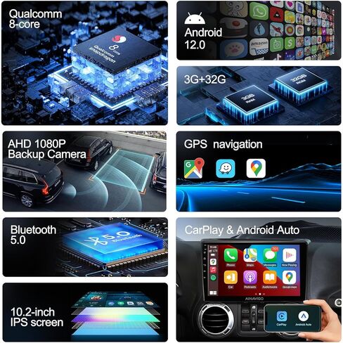 Qualcomm 8 Core 10.2'' Car Radio Stereo for Jeep Wrangler JK Compass Grand Cherokee Dodge with Android12/5G WiFi/Wireless carplay/Android auto/Touchscreen/GPS Navigation/Bluetooth/FM/HD Backup Camera in Saudi Arabia