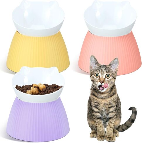 Hushee 3 Pcs Detachable Elevated Cat Bowls Tilted Raised Cat Food Bowls Adjustable Cat Water Bowl Anti Vomiting Plastic Cat Elevated Feeding Bowl Whisker Friendly Raised Cat Dish to Protect Spine in Saudi Arabia
