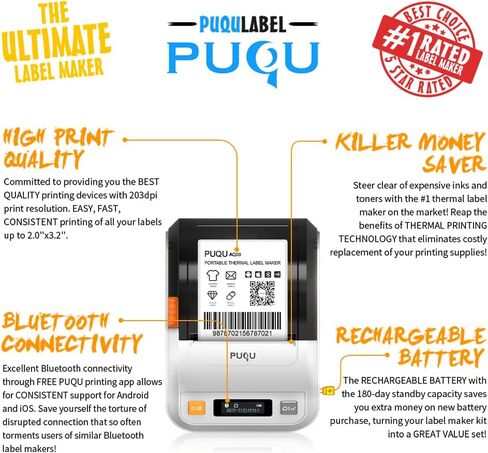 PUQU Q1 Label Maker - Portable Label Printer Bluetooth Wireless Thermal Sticker Machine for Clothing, Jewelry, Retail, Cable, Mailing, Barcode and More, Compatible with Android & iOS System, White in Saudi Arabia