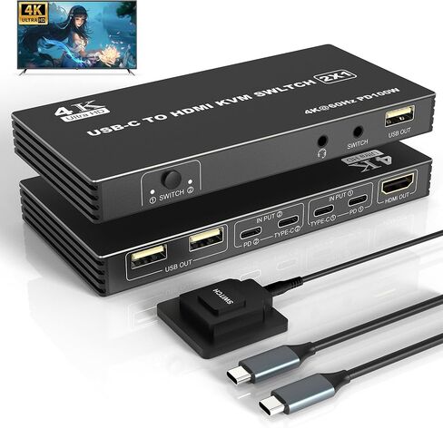 محول USB C KVM 4K@60 هرتز، محول USB C لجهازي كمبيوتر يشاركان شاشة HDMI واحدة وشحن 100 واط و3 منافذ USB 2.0، مع جهاز تحكم سلكي وكابلين USB-C in Kuwait