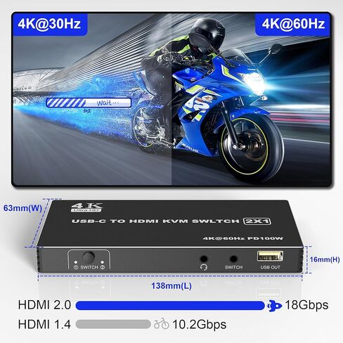 محول USB C KVM 4K@60 هرتز، محول USB C لجهازي كمبيوتر يشاركان شاشة HDMI واحدة وشحن 100 واط و3 منافذ USB 2.0، مع جهاز تحكم سلكي وكابلين USB-C in Kuwait