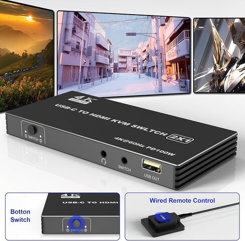 محول USB C KVM 4K@60 هرتز، محول USB C لجهازي كمبيوتر يشاركان شاشة HDMI واحدة وشحن 100 واط و3 منافذ USB 2.0، مع جهاز تحكم سلكي وكابلين USB-C in Kuwait