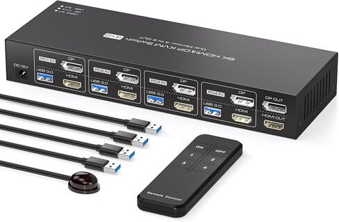 منفذ عرض HDMI KVM Switch 4 أجهزة كمبيوتر 2 شاشات 8K @ 60 هرتز KVM Switch KVM Switch شاشة مزدوجة لمشاركة 4 أجهزة كمبيوتر وشاشتين و4 أجهزة USB 3.0 مع جهاز تحكم عن بعد بالأشعة تحت الحمراء in Kuwait