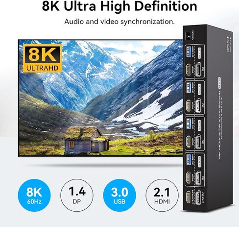 منفذ عرض HDMI KVM Switch 4 أجهزة كمبيوتر 2 شاشات 8K @ 60 هرتز KVM Switch KVM Switch شاشة مزدوجة لمشاركة 4 أجهزة كمبيوتر وشاشتين و4 أجهزة USB 3.0 مع جهاز تحكم عن بعد بالأشعة تحت الحمراء in Kuwait
