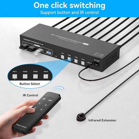 منفذ عرض HDMI KVM Switch 4 أجهزة كمبيوتر 2 شاشات 8K @ 60 هرتز KVM Switch KVM Switch شاشة مزدوجة لمشاركة 4 أجهزة كمبيوتر وشاشتين و4 أجهزة USB 3.0 مع جهاز تحكم عن بعد بالأشعة تحت الحمراء in Kuwait